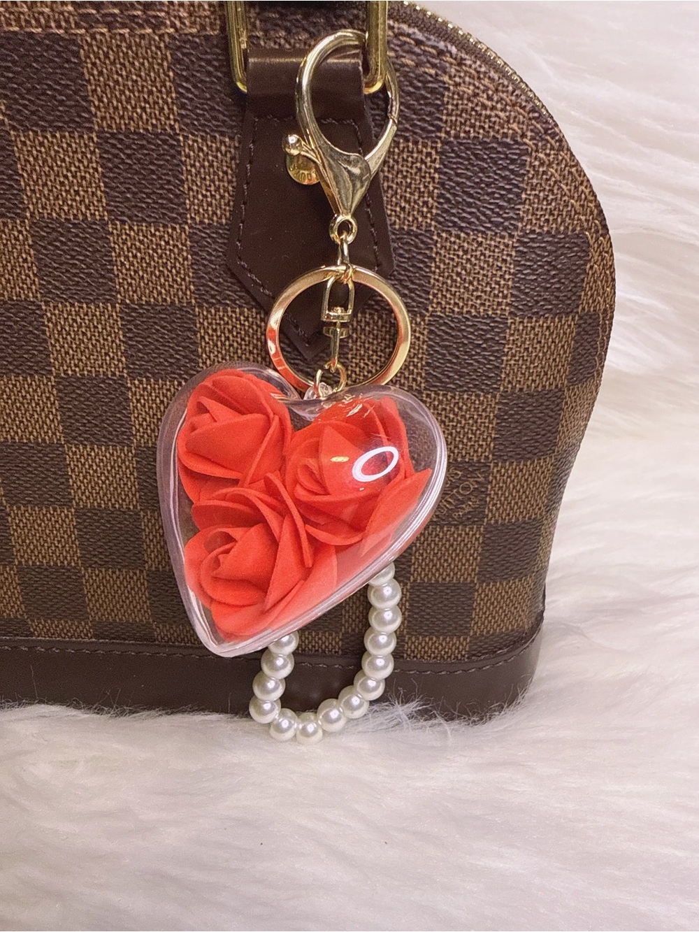 Rose Flower Heart Bag Charm Keychain KeyRing Charm Gold Pearl Strap Red New Gift